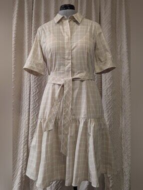 Calvin Klein WITH POCKETS Beige Plaid Tiered Dress